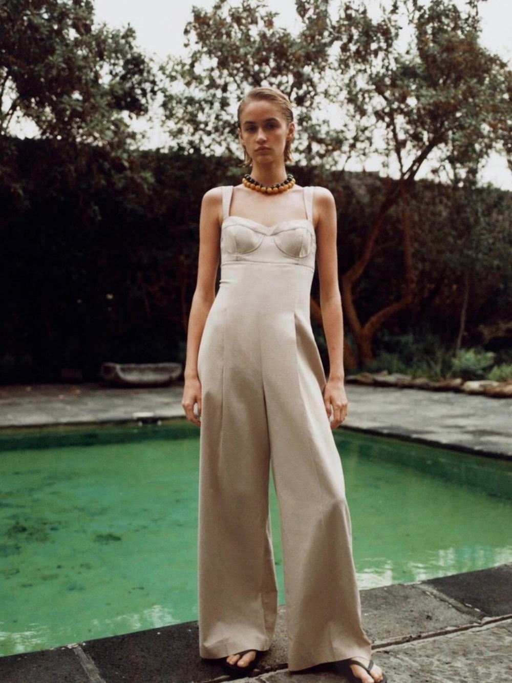 Zara Cream Wide-Leg Jumpsuit with Structured Bust